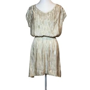 Express XS Beige Gold High Low Mini Dress Abstract Print Short Sleeve Casual‎